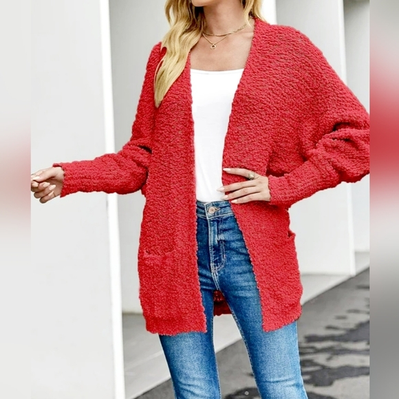 L Love Women's Fuzzy Open Front Knit Cardigan Dolman Sleeve Red Comfy Small - Picture 14 of 14